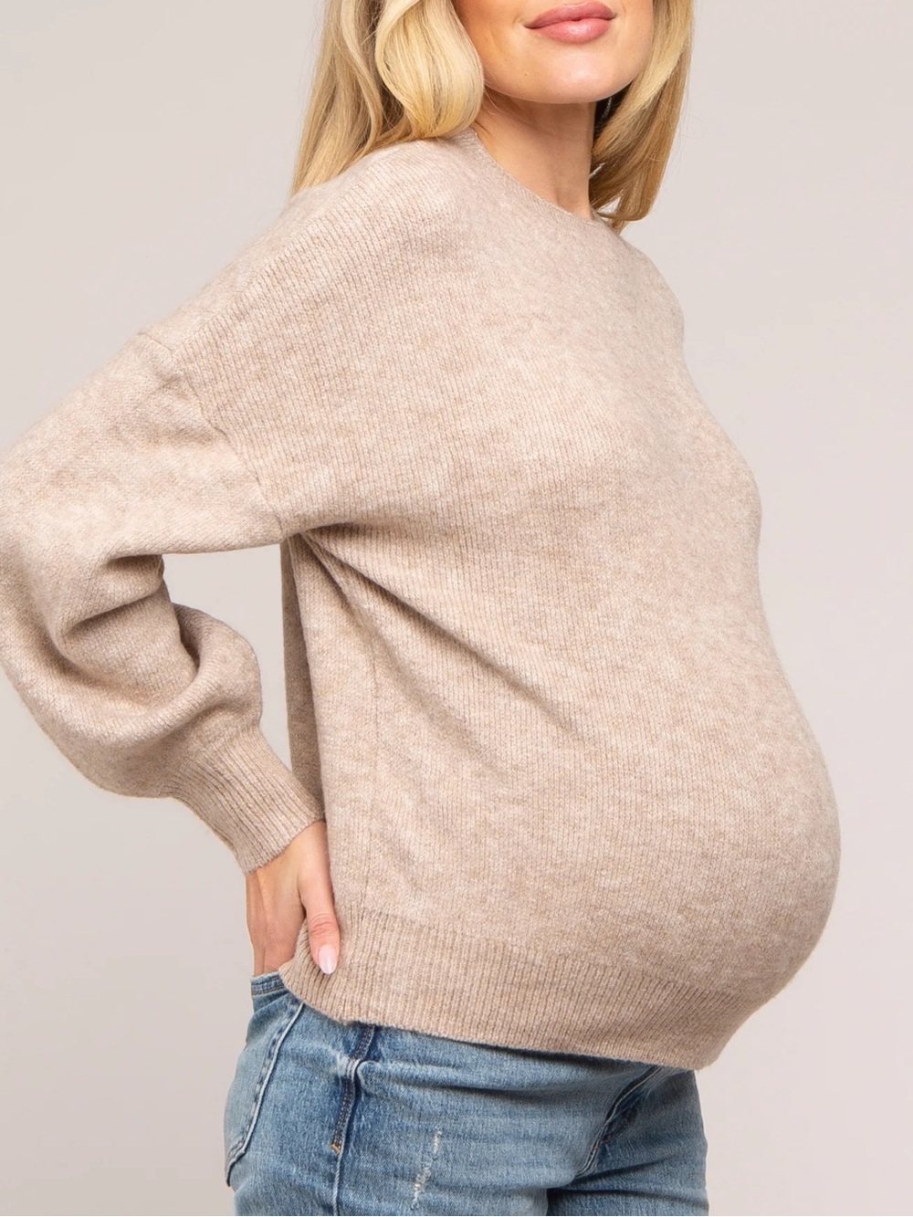 Hatch Beige Crewneck Merino Wool Maternity Sweater